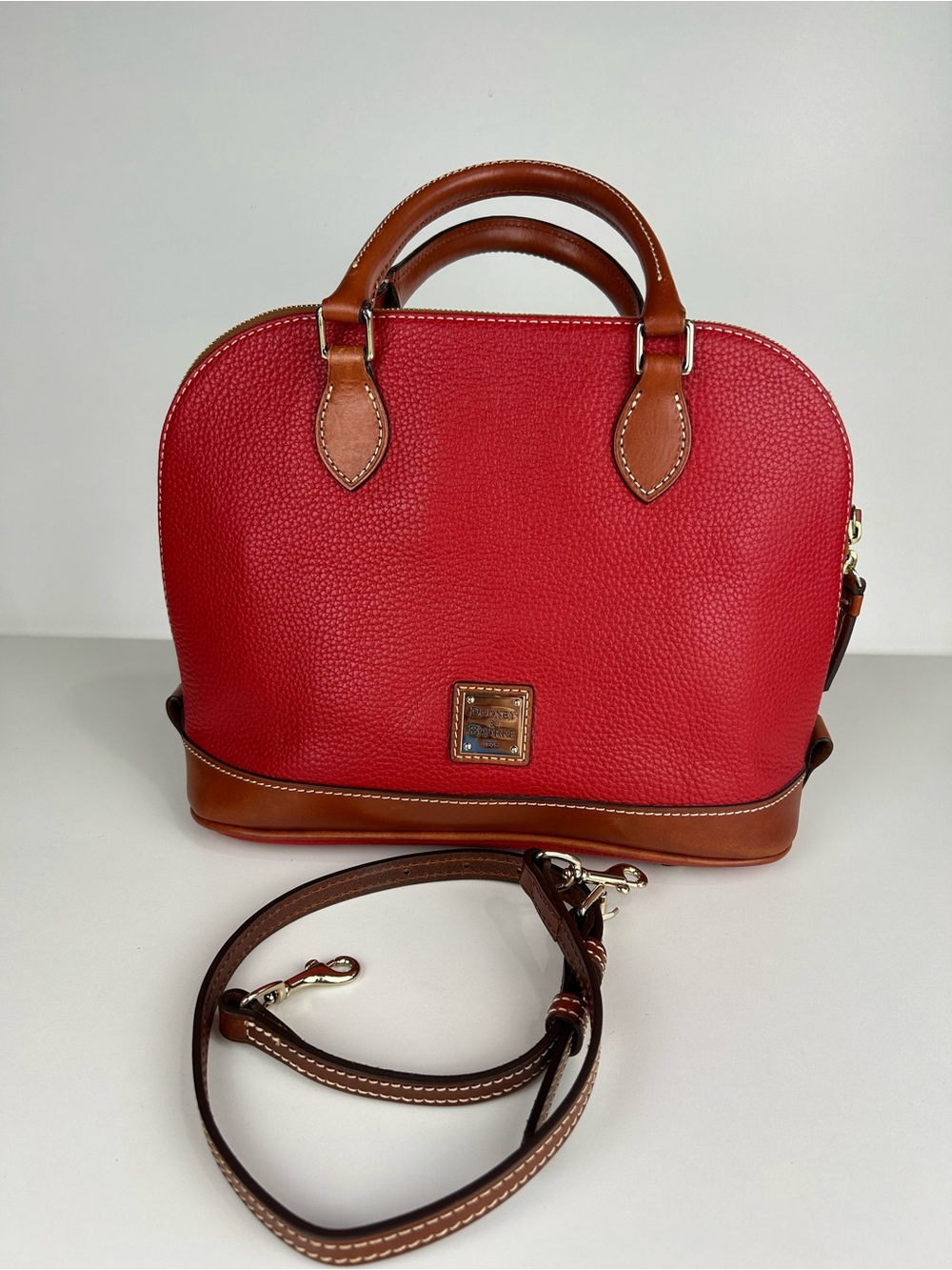 DOONEY & BOURKE PEBBLE GRAIN LEATHER DOME ZIP TOP RED AND TAN CROSSBODY HANDBAG